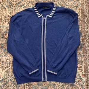 Paul Fredrick Blue Full Zip Polo Sweater with Striped Collar size